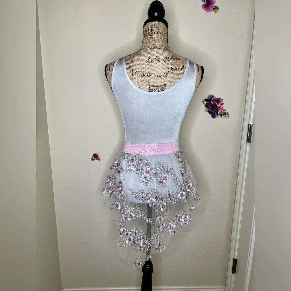 Curtain Call Silver/Gray with Floral Embroidery with Sheer Overskirt Sz Child L